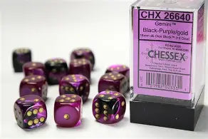 Chessex Gemini Black-Purple/Gold 16mm d6 Dice Block™ (12 dice)