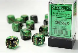 Chessex Gemini Black-Green/Gold 16mm d6 Dice Block™ (12 dice)